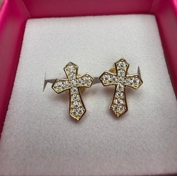 Moissanite Diamond 14k Gold Plated Cross Earrings 925 Sterling Silver - Picture 5 of 6